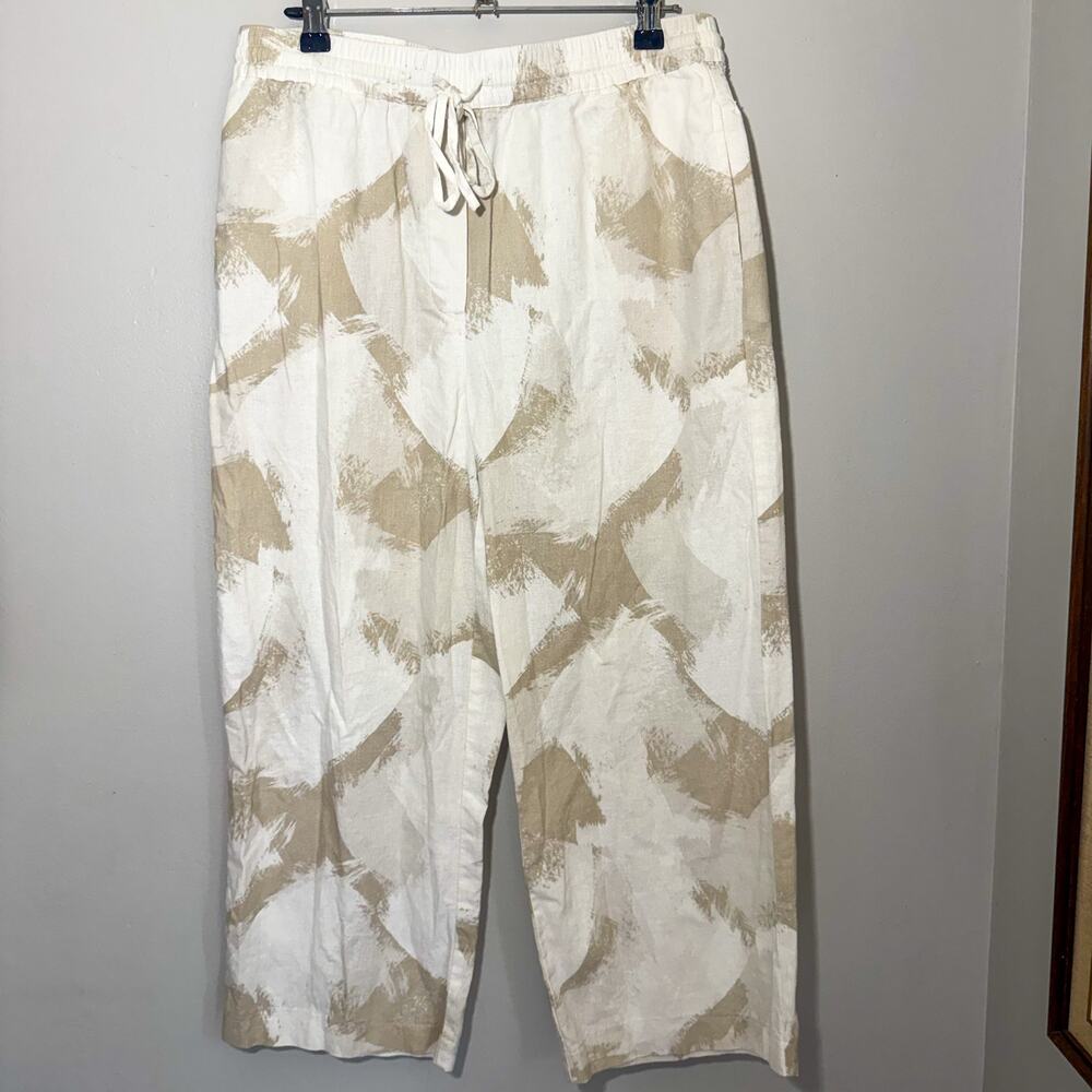 DKNY Pure Linen Blend Abstract Print Wide Leg Pants Cream Tan Drawstring S